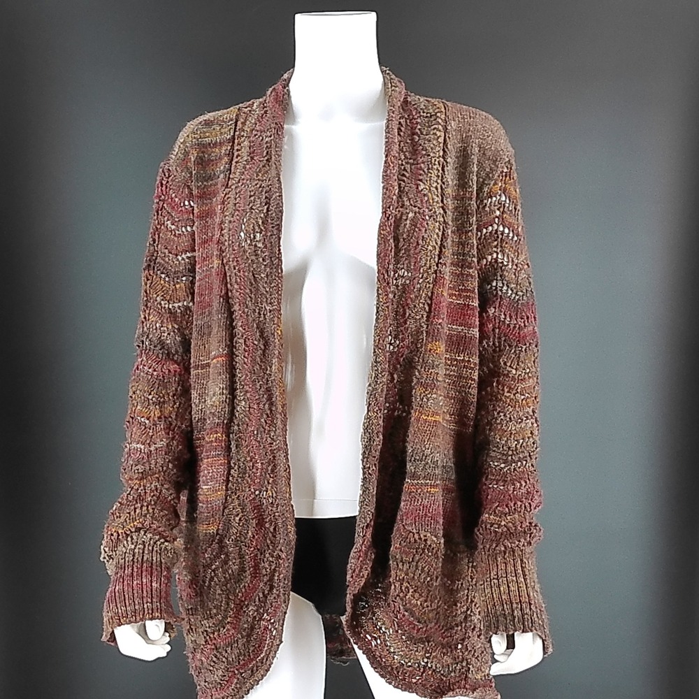 CJ Banks Womens Cardigan Sweater Brown Red Space Dye Open Front Pointelle Knit